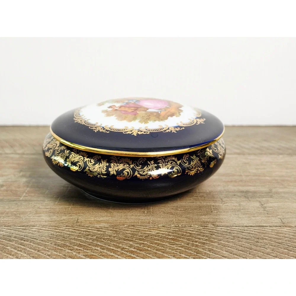 Limoges‎ Cobalt Blue Courting Couple Trinket Box with 22K accents